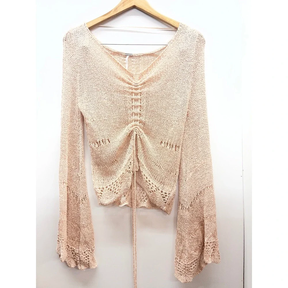 Free People Zinnia Top Pink‎ Sand Combo Crochet Metallic Ruched Bell Sleeve M